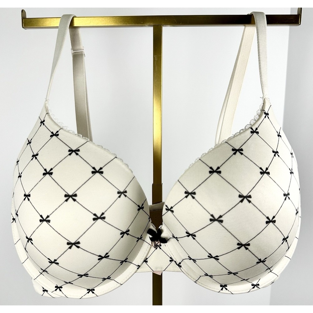 Victoria Secret Bra 32DD Perfect Shape Push Up White‎ Black Bows
